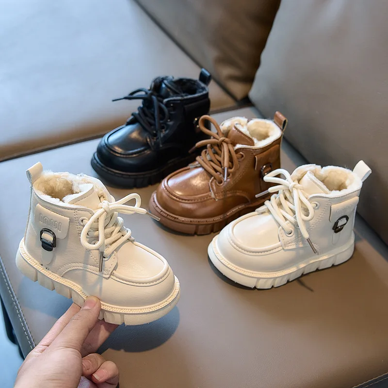Retro Warm Plush Baby Boy Girl Boots for Children's Snow Boots Child Girl Winter Leather Non-slip Shoes Kid Autumn Boots 21-30