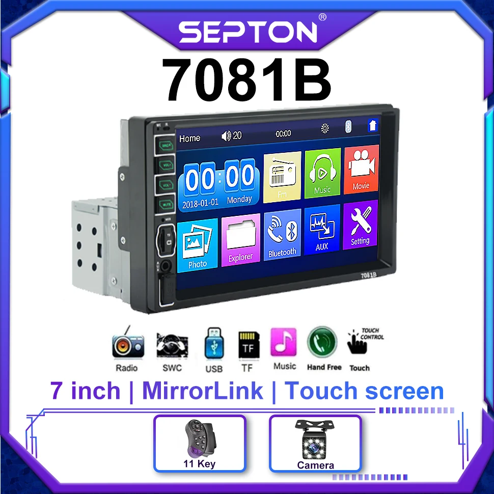 SEPTON Car Radio MP5 Player Touch Screen Support Automotive Mirror Lin-k for Universal Car FM/BT Multimedia Player 1 Din 7inch