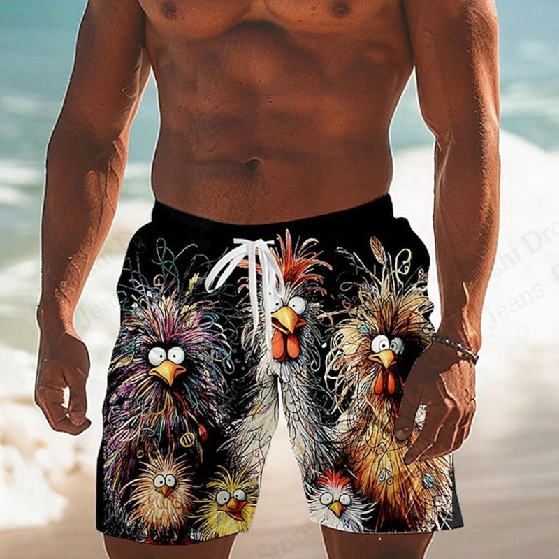 Summer Fun Animal Chick 3D Print Drawstring Swim Trunks, Hawaiian Surfboard Beach Shorts, Men's Swim Trunks, Sports Shorts
