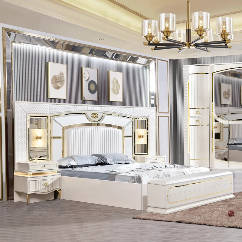 

&Modern Luxury Home Wooden King Size Bed Sets Master Room Double Leather Headboard White Queen Full Mdf Bedroom Furniture Set