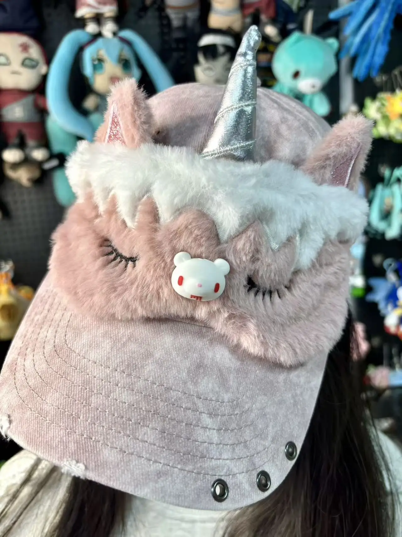 قناع النوم القطيفة على شكل دب غلومي - نمط وحيد القرن الوردي مع قرن فضي وسحر الدب اللطيف، غطاء عين رقيق ناعم #2