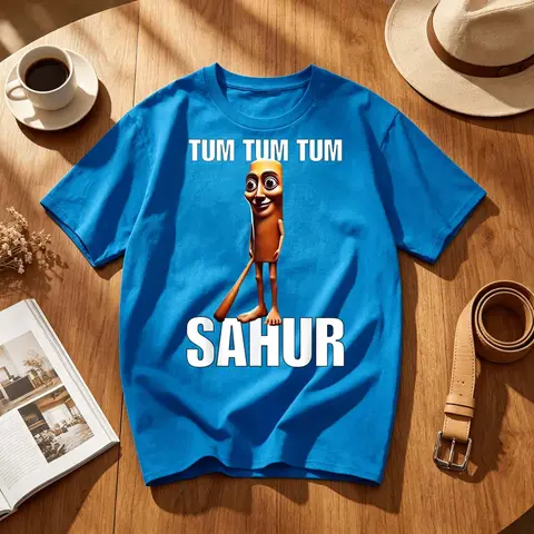 Wooden Humanoid With Bat On Sahur Text Retro 90s Graphic Print T Shirt