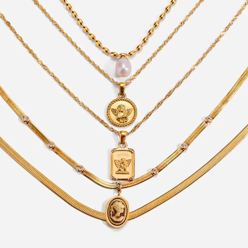

Minar Exquisite 5 Styles Angel Medallion Freshwater Pearl Pendant Necklaces for Women Stainless Steel 18K Gold PVD Plated Choker