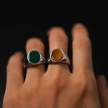 復古風格鈦鋼戒指,鑲嵌天然虎眼石和青金石 - 時尚橢圓形寶石設計戒指 8 最佳銷售 天然寶石戒指 - №6
