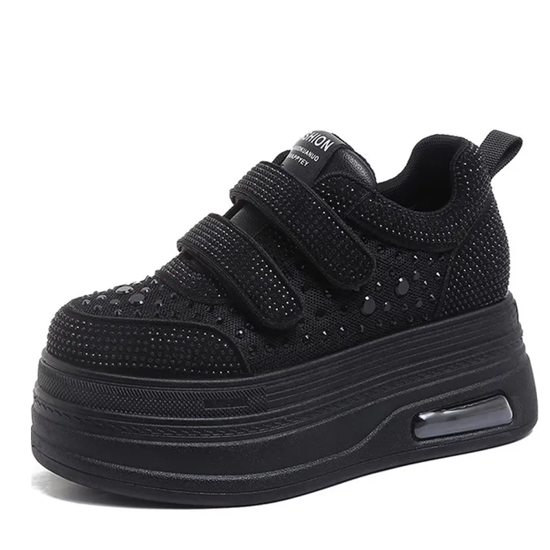 

Женская обувь для скейтборда на танкетке 8 см, четырехсезонные белые кроссовки с кристаллами, уличная обувь для отдыха, женская уличная обувь