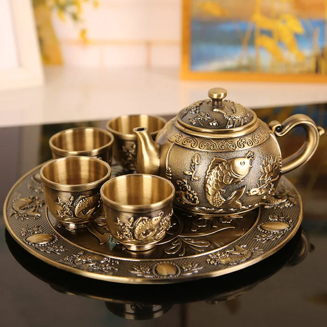 

Металлический чайный сервиз, набор из 6 предметов, 1 горшок, 4 подноса для чашек, кунг-фу, чайная чашка, принадлежности для приготовления посуды, чайная посуда