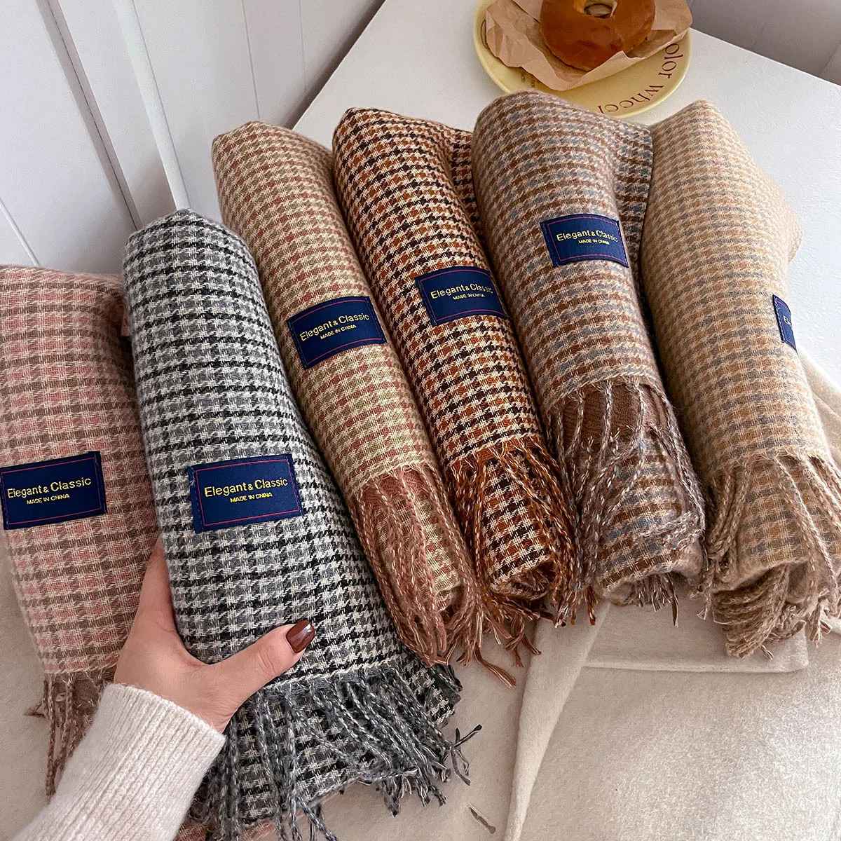 Long Thickened Warm Scarf For Women 50*200CM Tassel Pashmina Shawl Faux Cashmere Warps Autumn Winter Houndstooth Print Blanket