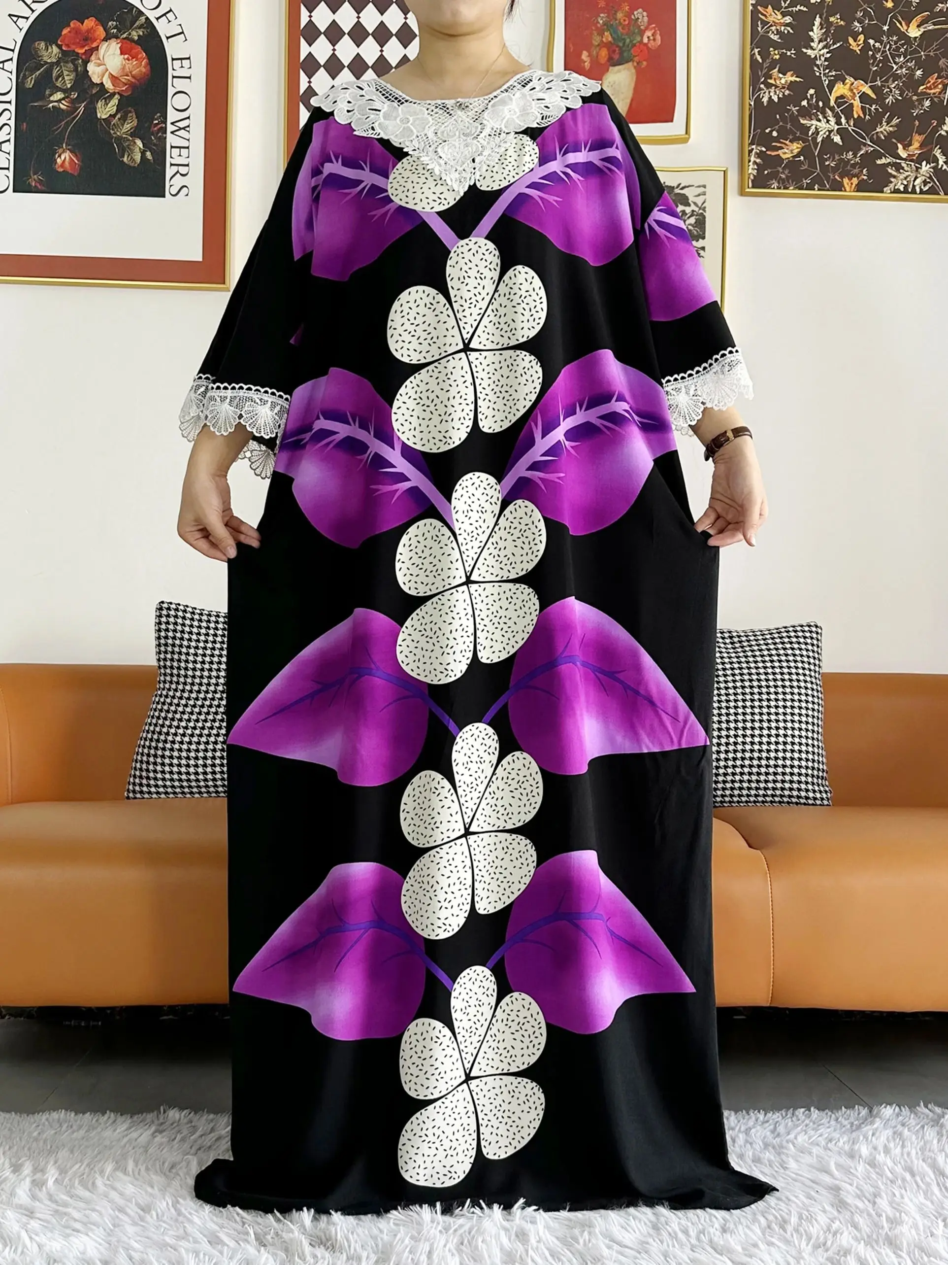 Vestido Dashiki africano para mujer, caftán Abaya de manga corta, estampado Floral, suelto, informal, con bufanda grande, novedad de 2024