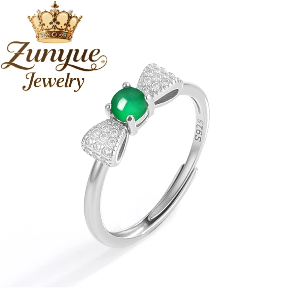 

S925 Silver-Inlaid Natural A-Grade Jadeite Emerald Green Bow Ring Ice-Type Jade Fashionable Ring Adjustable For Women