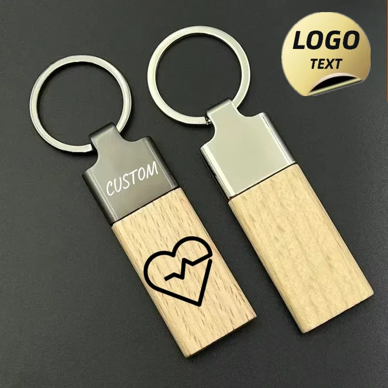 Custom LOGO Keychain Blank Rosewood Walnut Wood Laser Engraved Key Chains for Company Wooden Metal Personalize Car Keyring Gift