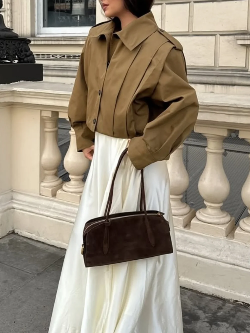 Women's Vintage High Collar Street Fashion Jacket Long Sleeves Lapel Single Breasted Casual Pleated Cropped Coat