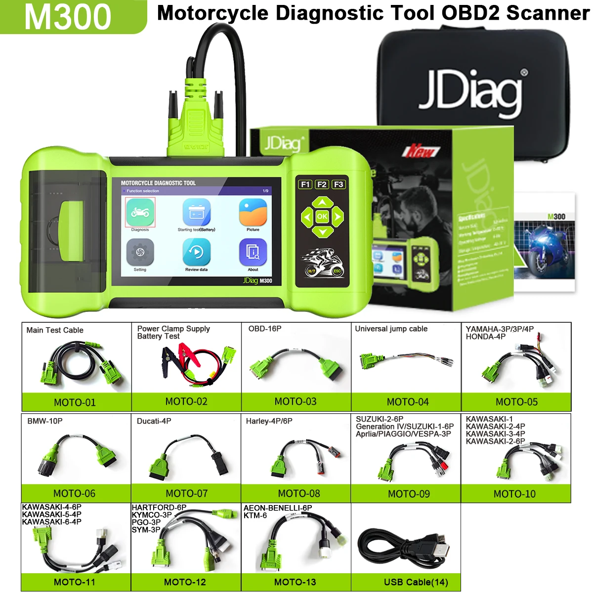 JDiag M300 Obd2 أدوات تشخيص الدراجات النارية الماسح الضوئي لـ AEON BMW DUCATI وKawasaki