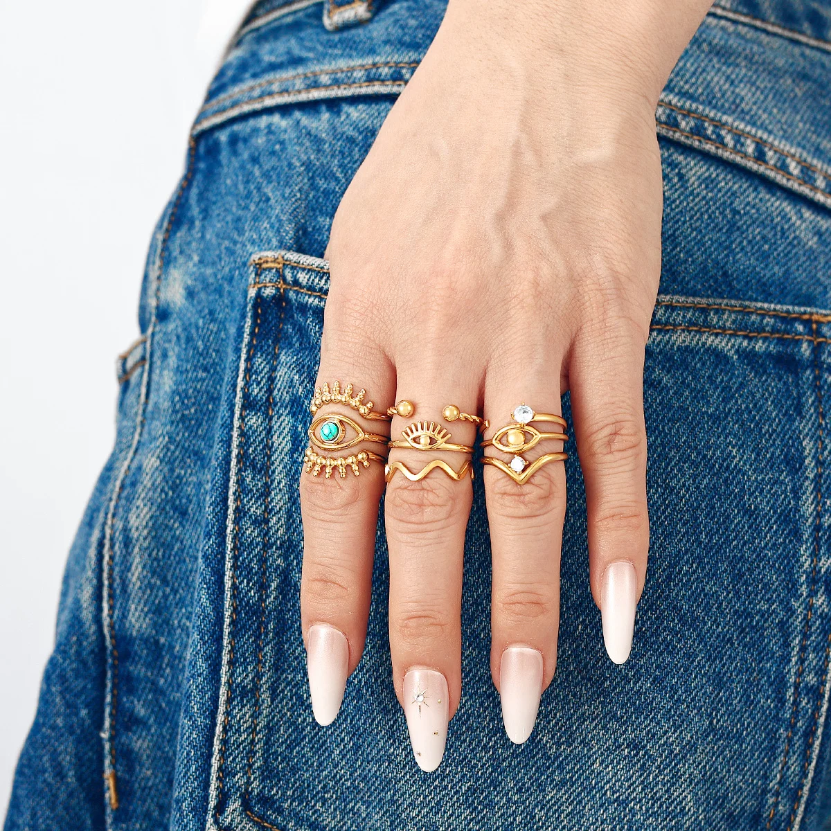 

Evil Eye 3Pcs/Set Stainless Steel Stackable Rings Open Adjustable for Women Girls Punk Boho Statement Jewelry Daily Wear Gift