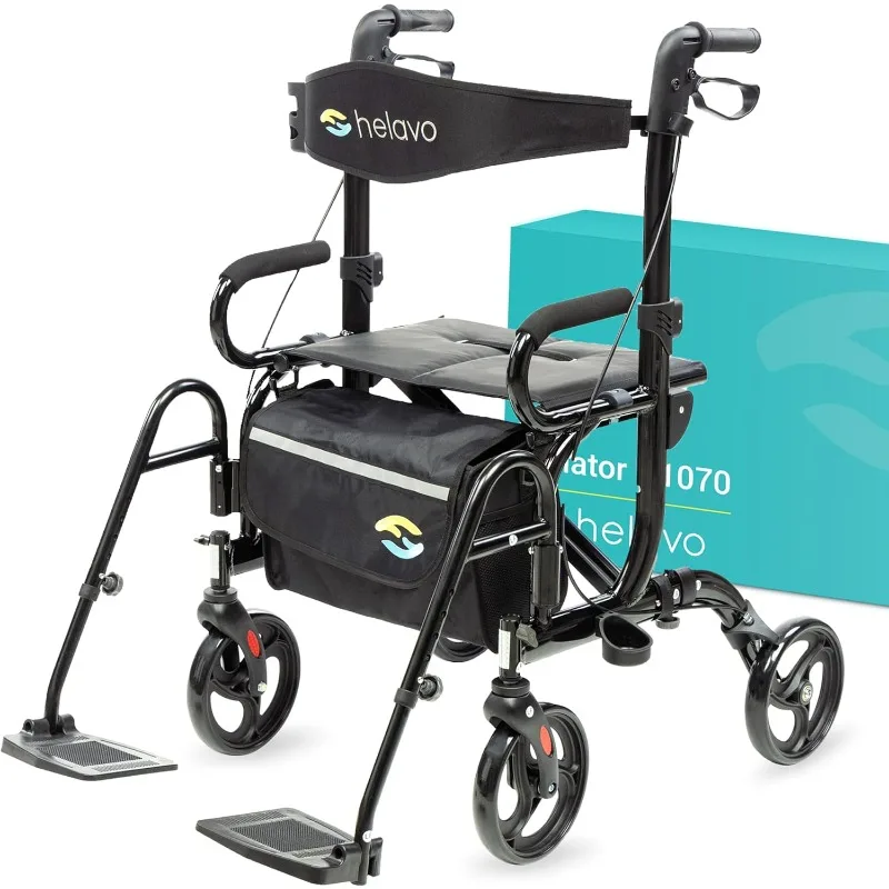 2 in 1 Walker Wheelchair Combo - Foldable Aluminum Rollator with Footrests - Convertible to a Transport Chair