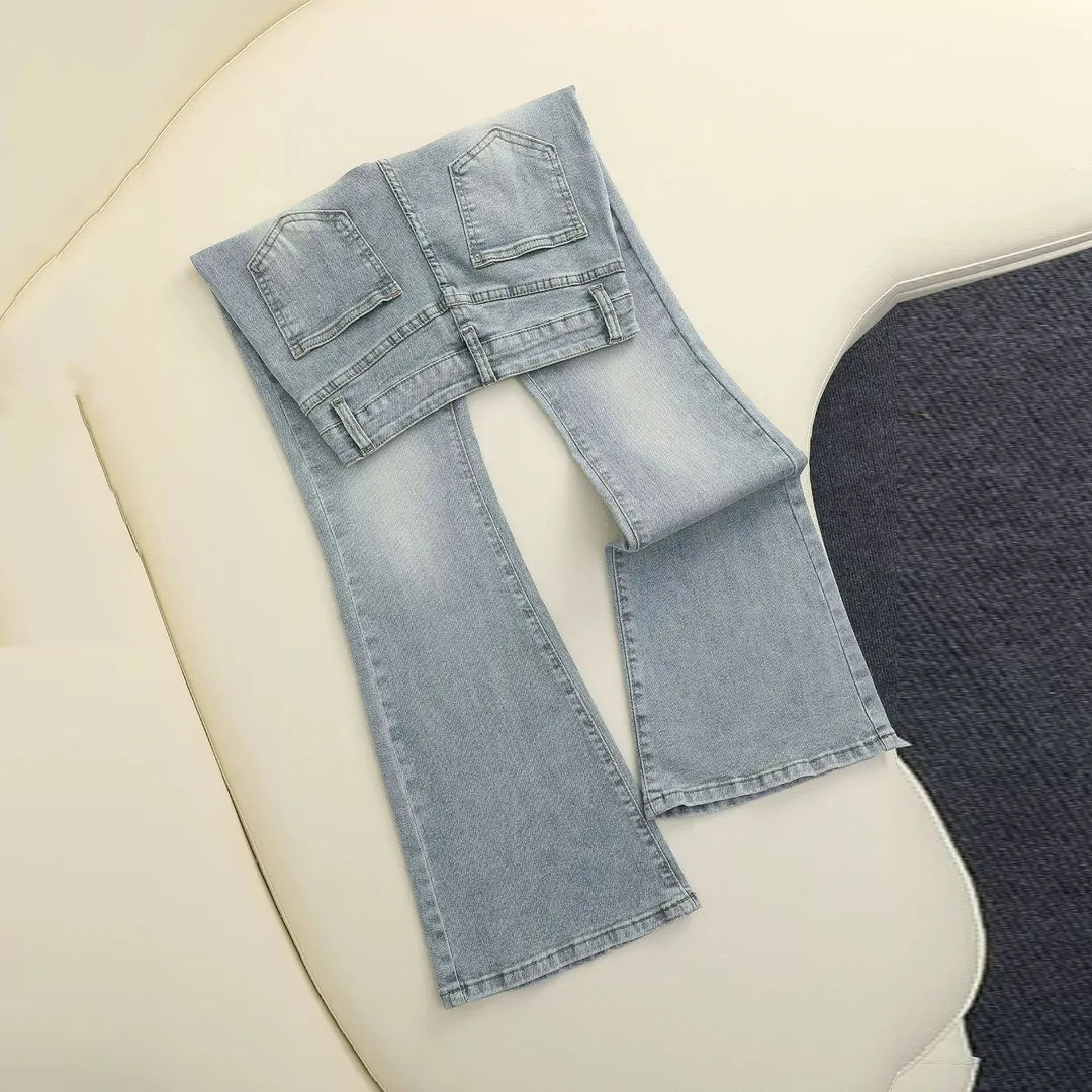 Washed Blue Micro Flared Jeans Women's Tight Fit Slimming Cotton Stretch Denim High Waist Zipper Closure Wear Resistant