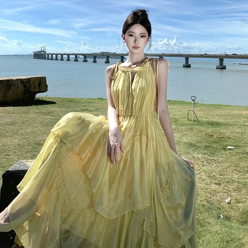 Senhoras mulheres verão vestidos longos amarelo na moda tropical doce boêmio vestido feminino cordão bolo camadas cintura praia vestidos