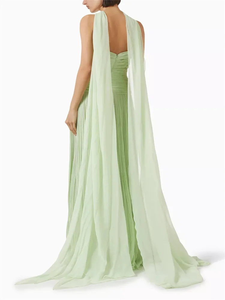 Écharpe plissée vert pur personnalisée, robe de soirée formelle, col à bretelles, jupe décorative, robe longue plissée, 2025