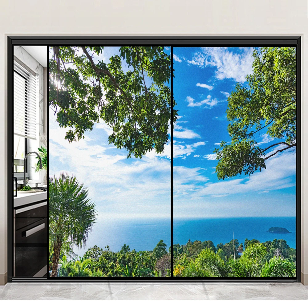 Opaque Privacy Window Film Heat Control UV Blocking Window Glass Sticker Beautiful Scenery Frosted Static Cling Window Tint