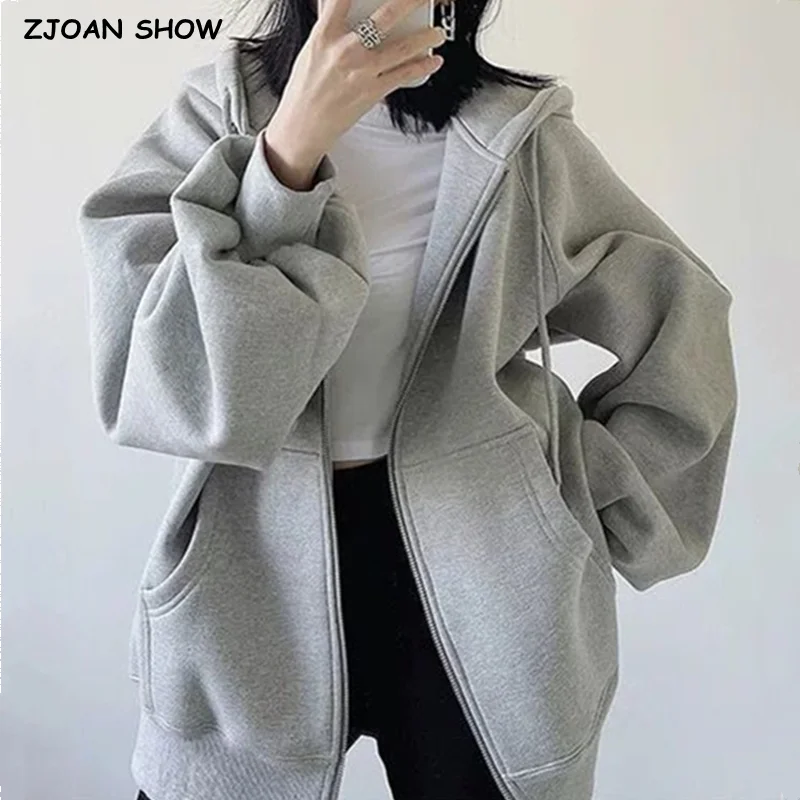 

2023 Winter Harajuku Air cotton Open Zipper Hooded Sweatshirt Women Long Sleeve Loose Oversized Hoodies Casual Sweats Gray