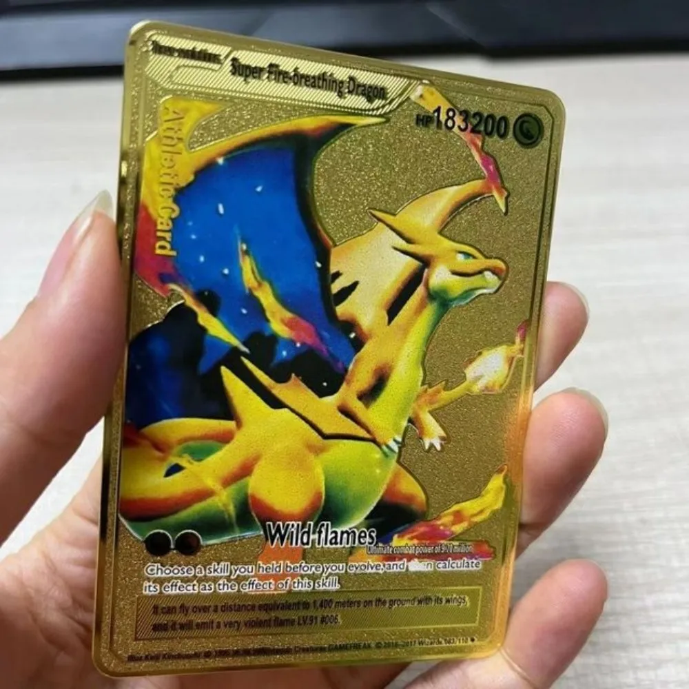 

Coleção de Cartas de Jogo de Metal em Inglês, Figuras de Anime, Charizard, Pikachu, Blastoise
