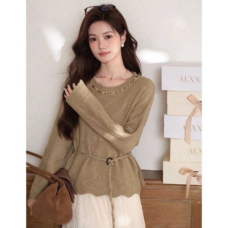 

ALXNAN Casual Pullover Fall Round Neck Sequin Adjustable Waistband Loose-fit Sweaters Special Fashion Woman's Knitwear L58550