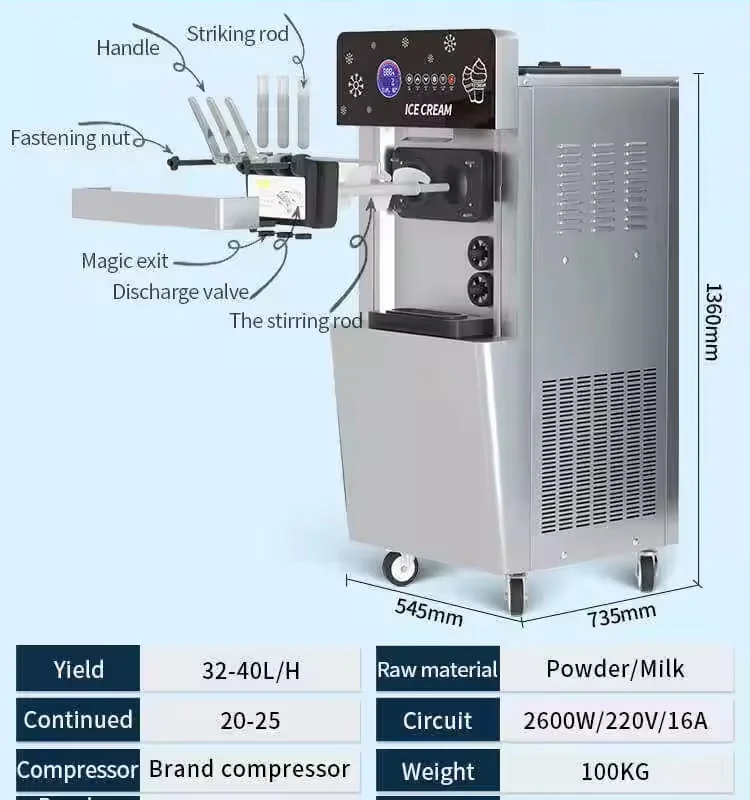 Touch Screen Soft Ice Cream Maker Equipment  Stainess Steel Ice cream machine  Three Flavor Maker For Food