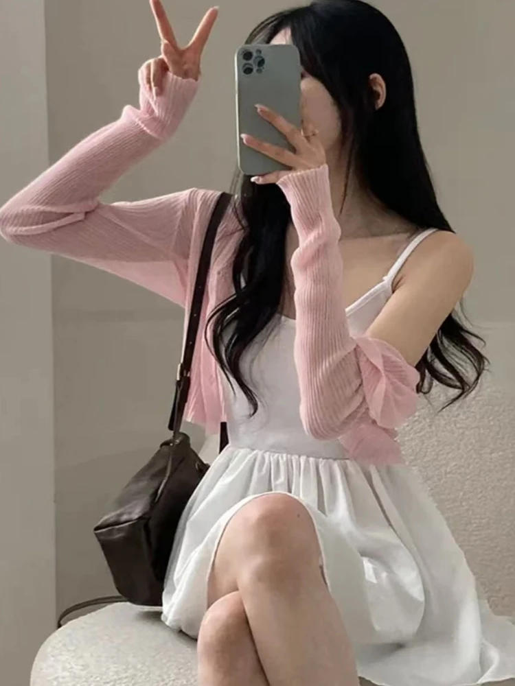 ป้องกันแสงแดด ort บางยาว Sve V-Ne คาร์ดิแกนถักเกาหลี Sle Pure Desire เสื้อแจ๊กเก็ตสําหรับผู้หญิง