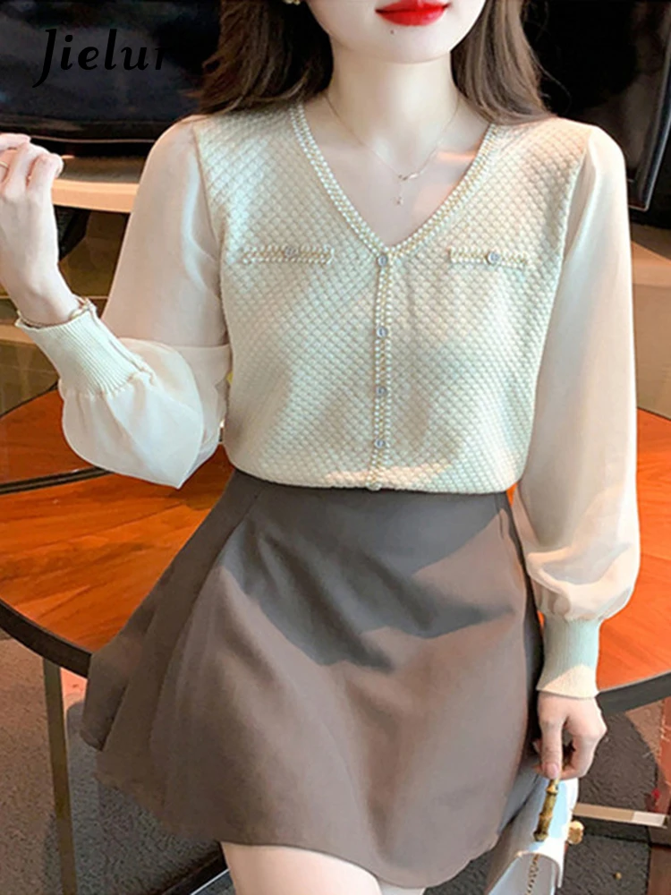 Jielur Autumn New Sweet Chiffon Women Blouse Ladies Elegant Long Sleeve Blouse Woman French White Black Apricot Knitted Top