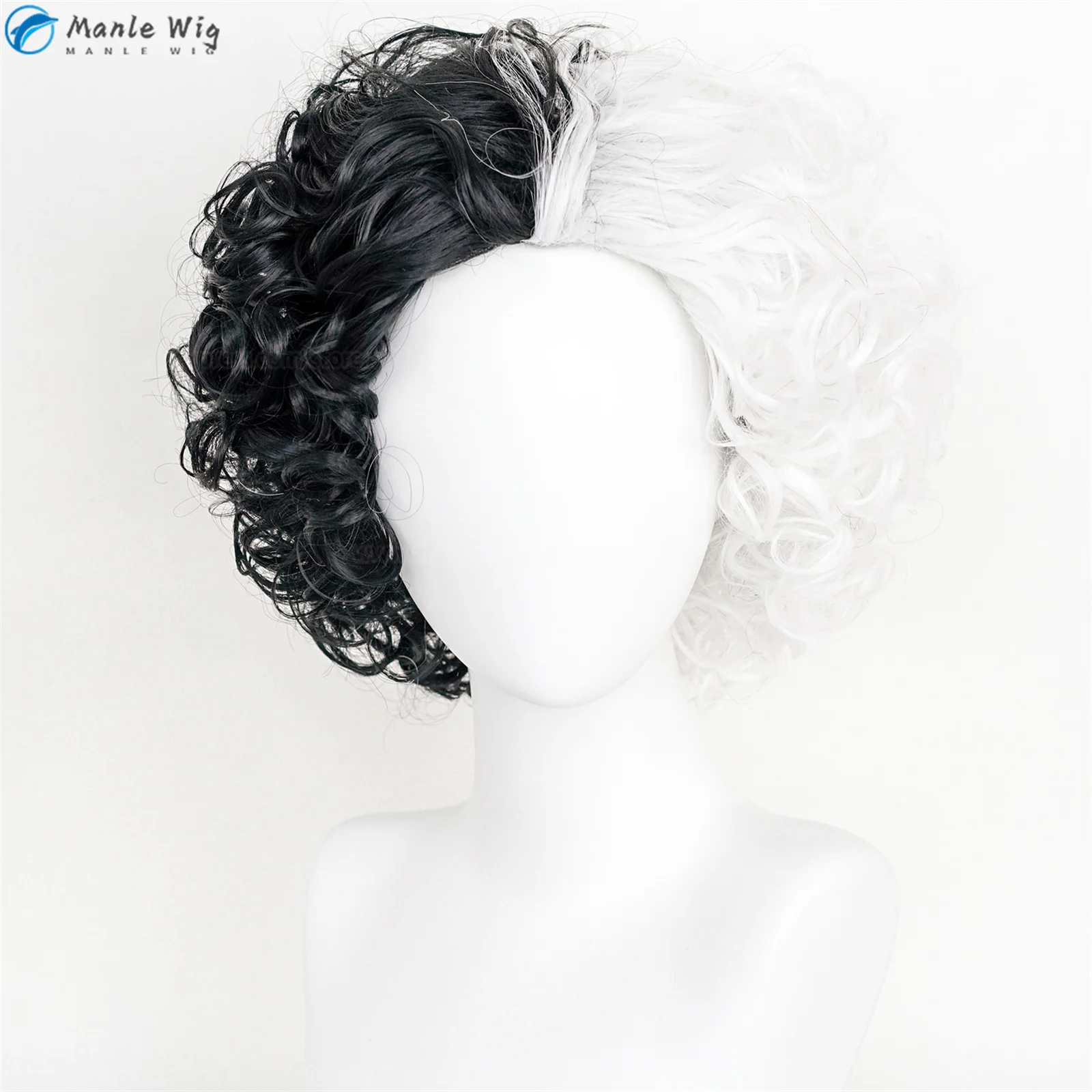 Anime Cruella de Vil Cosplay Wig Props, Cruly Half Black and Half White, Heat Degree Hair Wigs, Masque, Gants, Collier, Bonnet