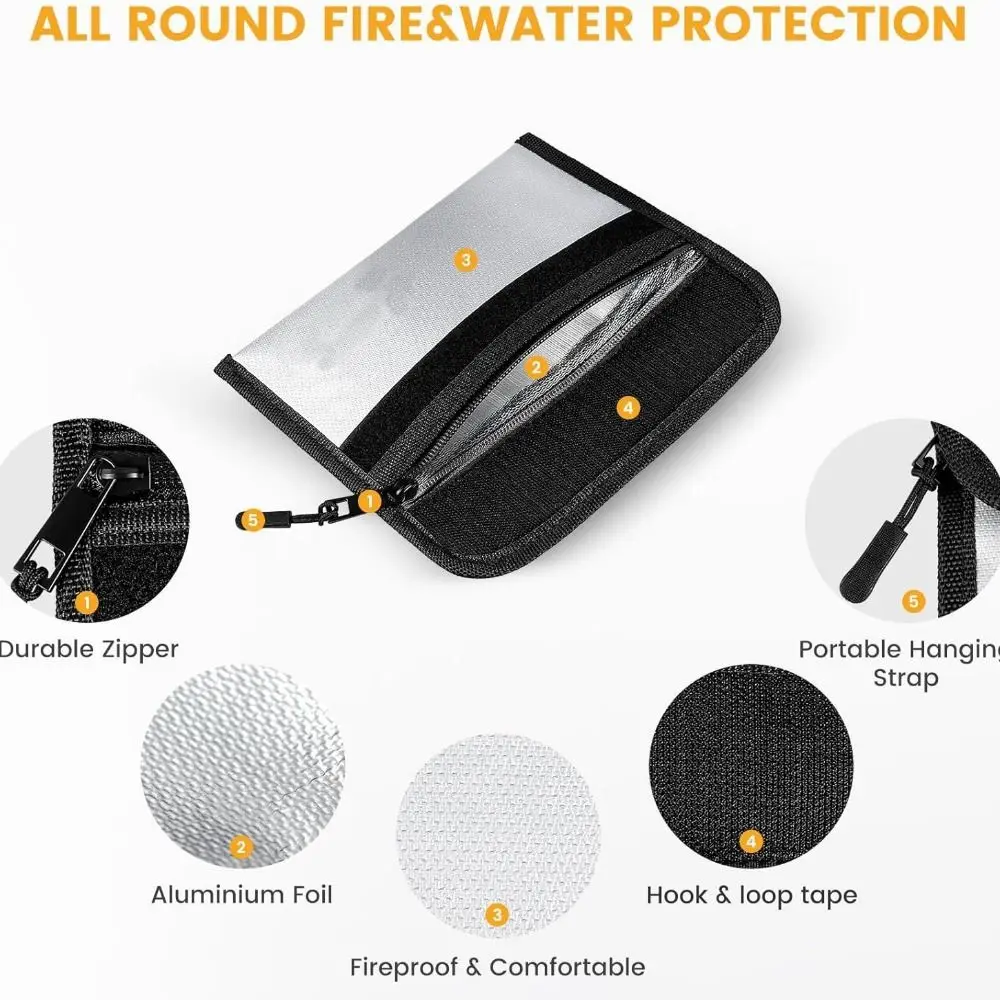 Zipper Closure Fireproof Document Bag Portable with Sticky Strip Fireproof Shielding Folder Waterproof Multi-Functional