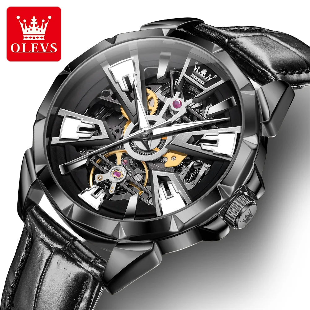 OLEVS Punk Industrial Style Men Wristwatch Full Hollow Tourbillon Dial Automatic Mechanical Black Case Leather Strap Watch