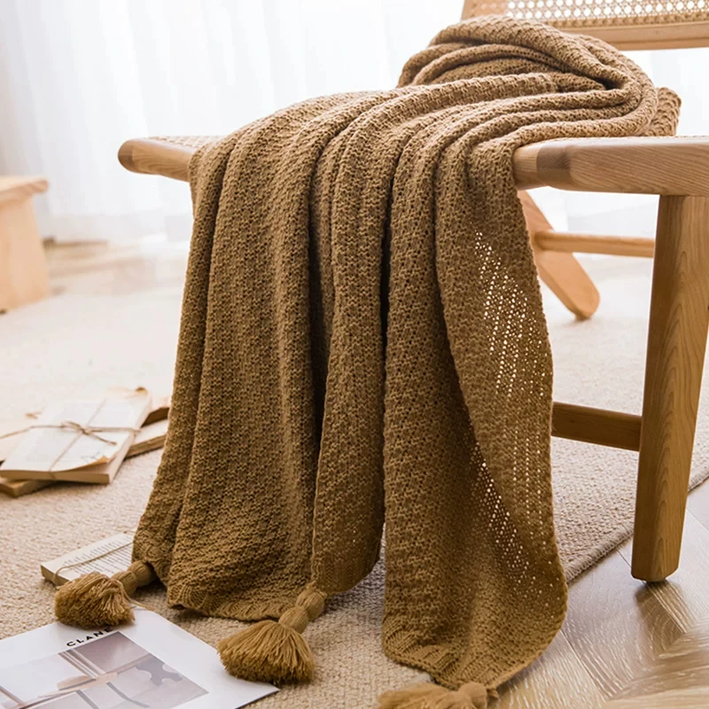 Nordic Knitted Throw Blanket Soft Acrylic Sofa Bed Runner Bohemian Textured Blanket with Tassels Warm Aesthetic Home Decor