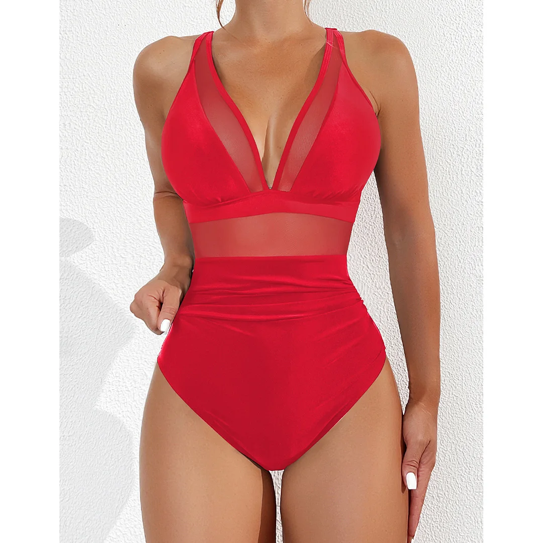 S - XL Neuer sexy, durchsichtiger Badeanzug mit V-Ausschnitt für Damen, einteiliger Badeanzug, Monokini mit hohem Beinausschnitt, Badebekleidung, Badeanzug, Modell V5136 – Detail 13