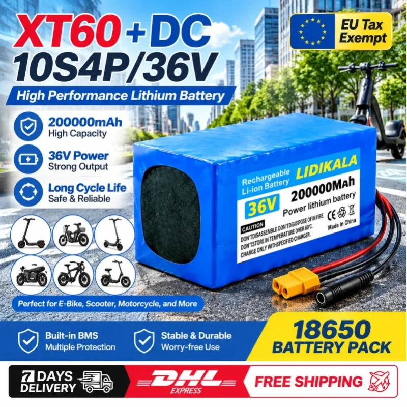 36V 200000mAh 10S4P Lithium-Ionen-Akku mit integriertem BMS, wiederaufladbarer Hochleistungs-Li-Ionen-Akku für Elektroroller, E-Bike, mehrere Anschlüsse