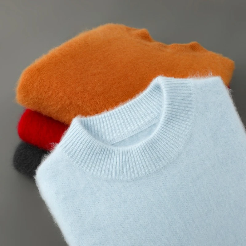 Men's 100% Wool Sweater, One-Piece Knit Semi-High Neck, Autumn-Winter Thermal, 12 Colors