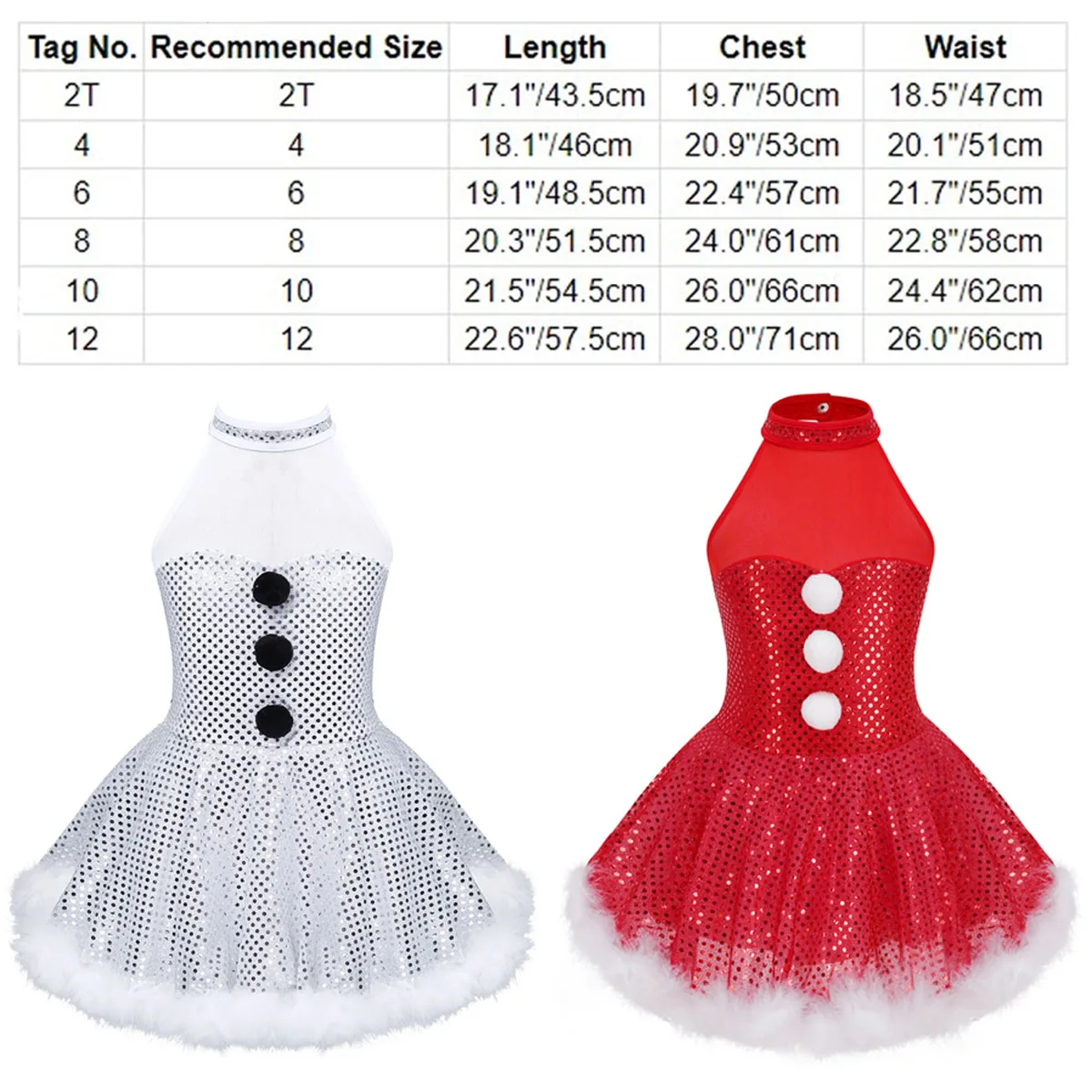 Kids Girls Sequins Christmas Costume Snowman Cosplay Feathers Trim Xmas Party Figure Skating Dance Tutu Dress Ballet Leotard