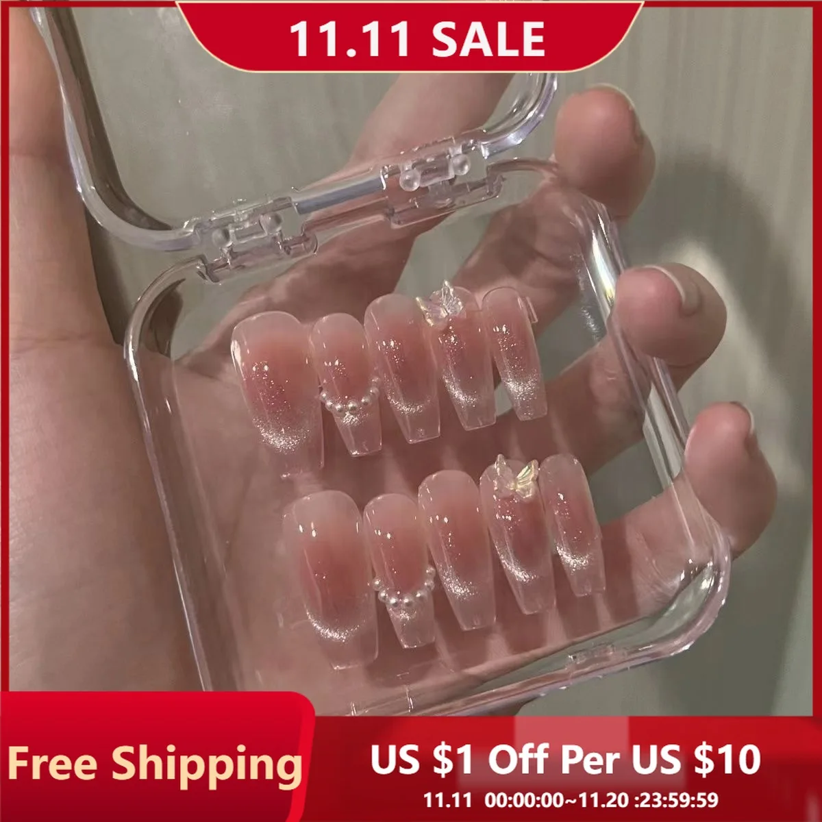 

10 шт., ручная работа, пресс для ногтей, кошачий глаз, розовая бабочка, сверкающие кончики для ногтей с полным покрытием, средневековые съемные носимые накладные ногти