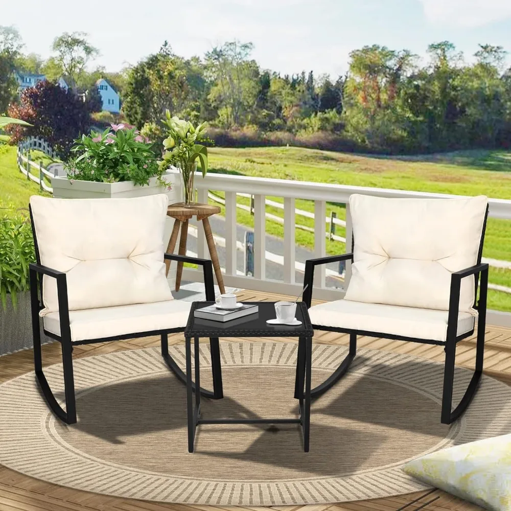 SUNCROWN 3 Piece Outdoor Rocking Bistro Set Black Wicker Furniture Porch Chairs Conversation Sets with Glass Coffee Table