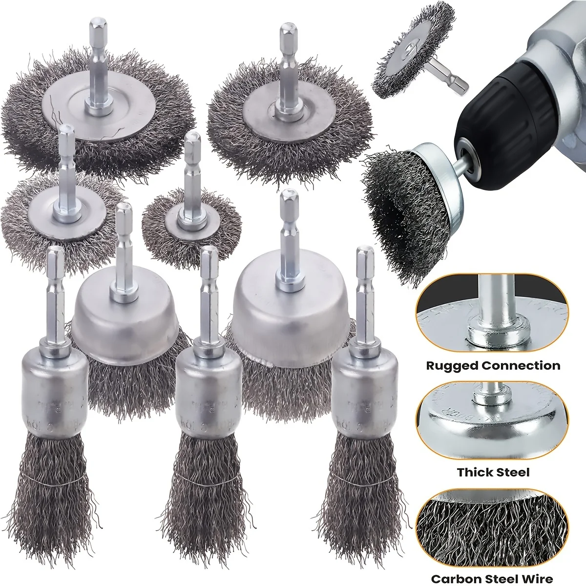 Drahtbürstenrad-Topfbürsten-Set, 10er-Pack, Drahtbürste für Bohrer, 1/4 Zoll Sechskantschaft, 0,012 Zoll grober Kohlenstoffstahl, gewelltes Drahtrad