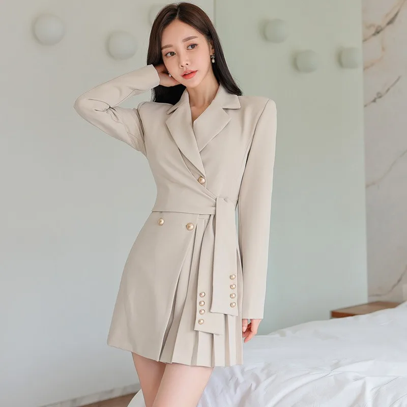 Business Suit Style Pleated  Dress Commuter High Waist Long Sleeve Autumn Winter Outerwear Korean Version New Arrival