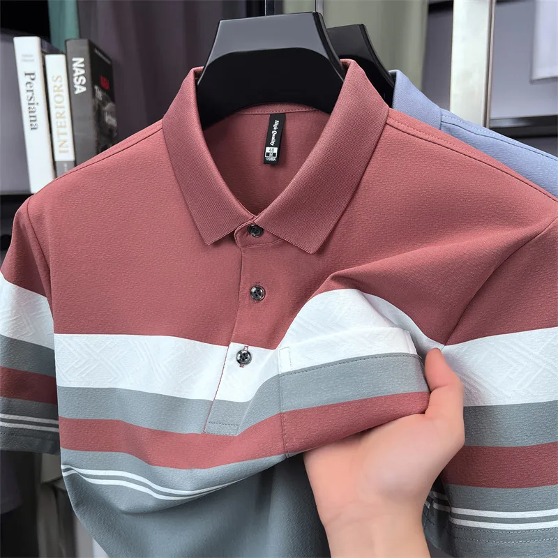 

High quality brand silk cotton short sleeve polo shirt comfort breathable men's T-shirt summer pocket design striped casual top