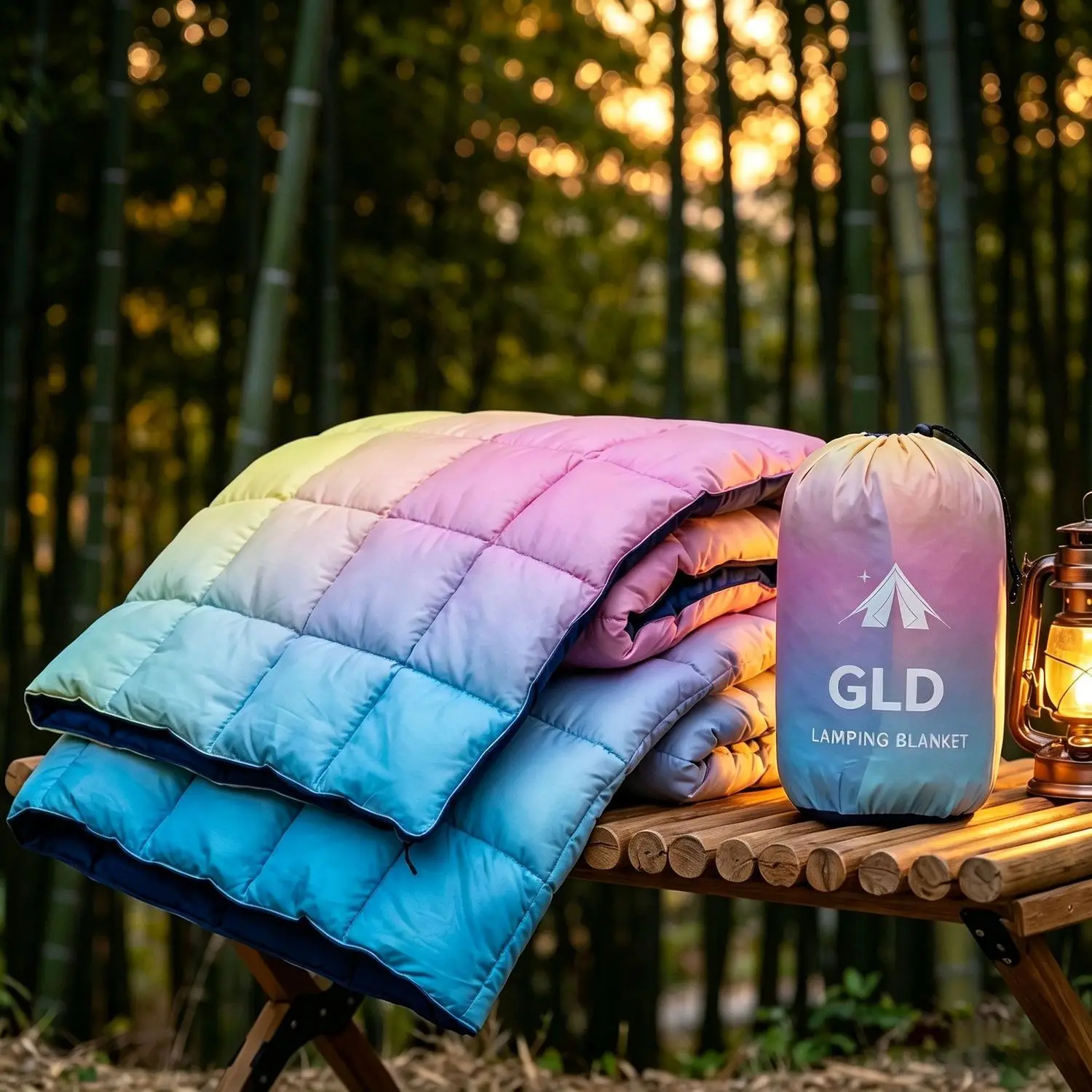 Camping Blanket Gradient Color Portable Lightweight Quilted Warm Camp Quilt For Outdoor Hiking Travel With Storage Bag