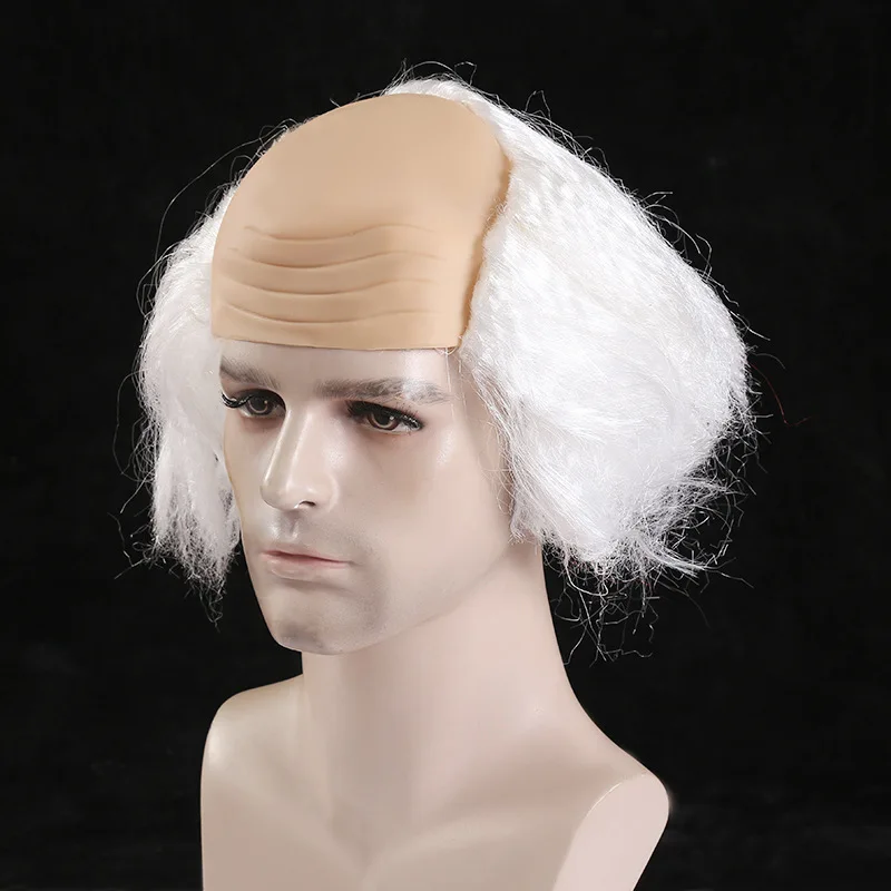 Bald Top Old Man Synthetic Wig Side Messy Curly Hair Unisex Elder Scientist Character Halloween Party Funny Cosplay Retro Comedy