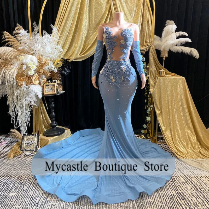 Blue Rhinestone Mermaid Evening Dress Long Sleeve Sheer Mesh Gown Handmade Couture Gift Applique Prom Formal Party Customized