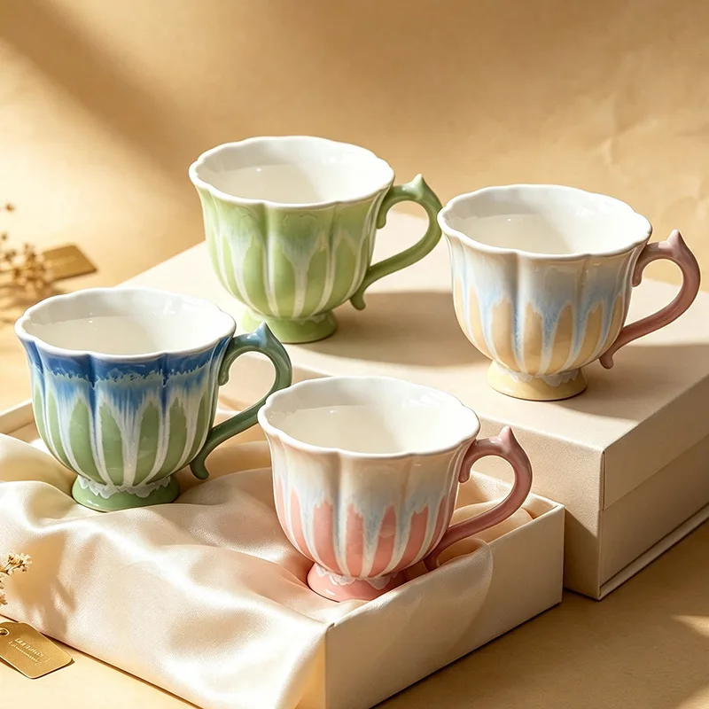 220ML Ceramic Kiln-fired Coffee Cup Vintage Petal Breakfast Beverage Mug Exquisite Office Restaurant Latte Art Cup Birthday Gift