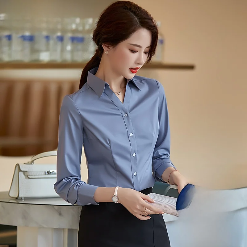 Slimming Long Sleeve V-Neck Shirt for Women Professional Cotton Shirt No Ironing Required Suitable for Real Estate Sales Jewe...