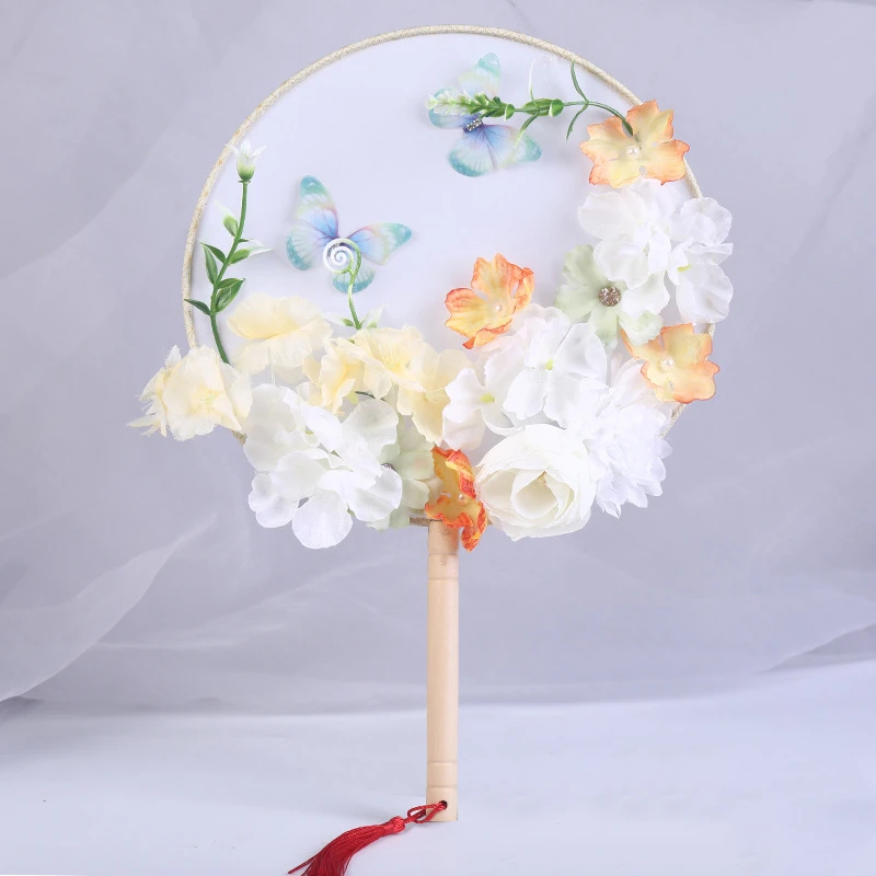 Abanico de mano de mariposa y flor de seda, abanico redondo de estilo antiguo chino, adornos, abanico de baile, accesorios de rendimiento, artesanía de boda, decoración del hogar