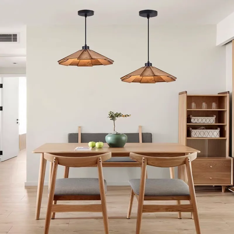 

Japanese and Korean Style Retro Dining Table E27 Chandelier Creative Kitchen Light Homestay Wooden Straw Hat Personalized Light