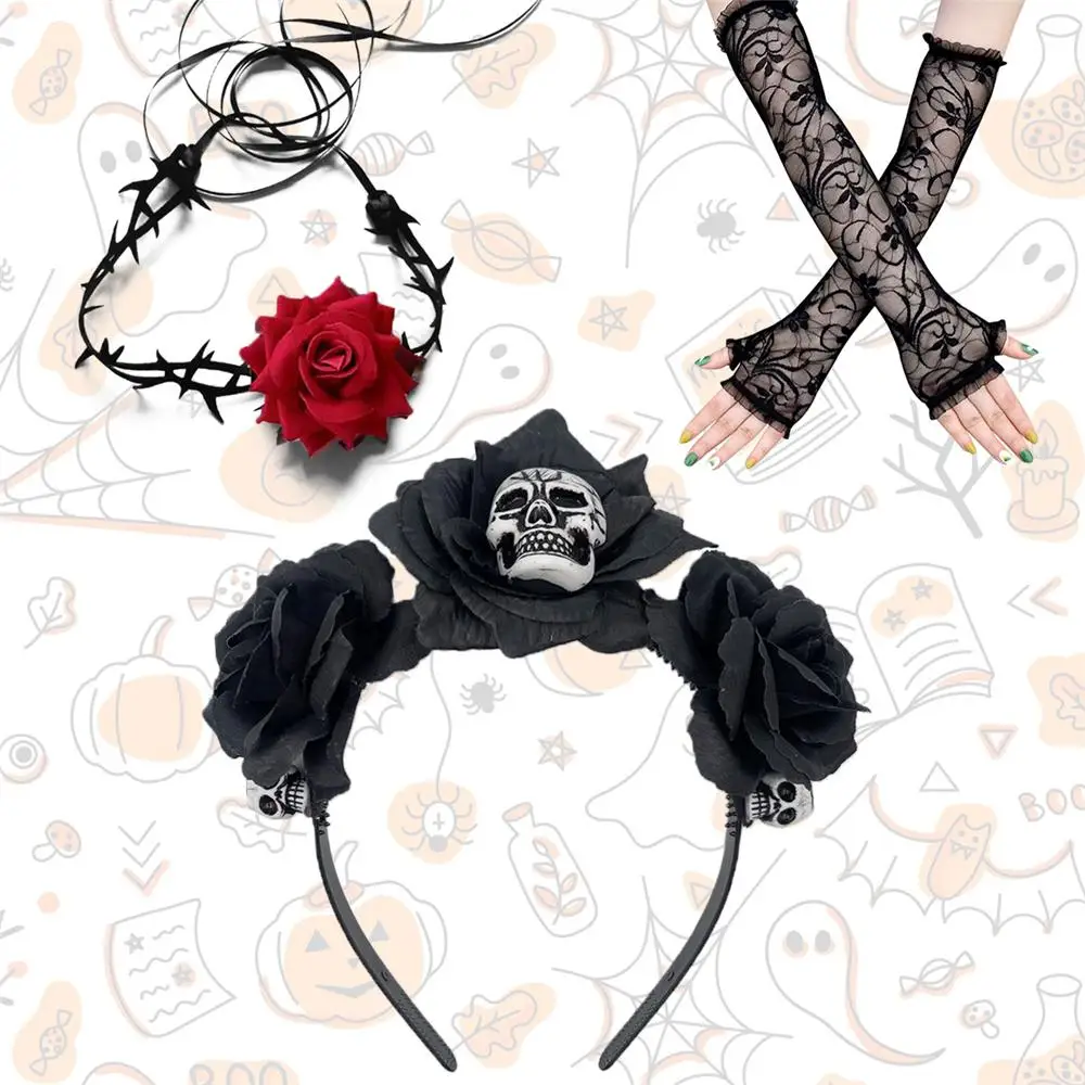 Set da 3 pezzi Accessori per costumi di Halloween Novità Copricapo per il giorno dei morti Fascia per capelli con teschio rosa