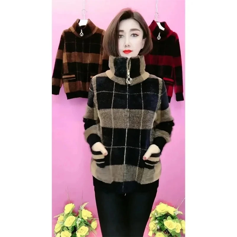 Winter Imitation mink velvet Middle Aged Elderly Mother Short Plaid Cardigan Women Cashmere Knitted Sweater Female Jacket Tops